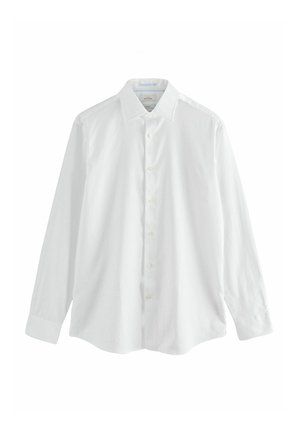 Weißes Hemd mit langen Ärmeln aus Baumwolle, mit einem klassischen Kentkragen und geradem Schnitt, das eine glatte Textur und einen dezenten Glanz aufweist.
