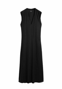 Mustat hihattomat mekko syvällä V-kaula-aukolla, joka on valmistettu sileästä kankaasta. Mekossa on virtaava siluetti ja nilkkapituinen helma.