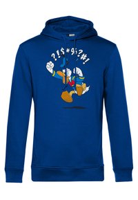 Felpa blu realizzata in misto cotone, con una grafica frontale di un'anatra a cartone che esprime frustrazione, caratterizzata da testo in grassetto e accenti gialli/bianchi.