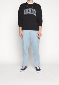 Felpa nera con logo "DICKIES", jeans blu chiaro e sneakers multicolori con suola bianca. Vestibilità casual, materiale in cotone, stile rilassato.
