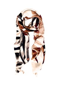 Sciarpa di tessuto leggero con motivo astratto nei toni del nero, marrone, beige e ruggine, piegata in modo lasco su uno sfondo bianco.