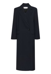 Cappotto lungo blu navy, design doppiopetto, colletto strutturato, bottone nero singolo, due tasche frontali, tessuto liscio, vestibilità a metà lunghezza.