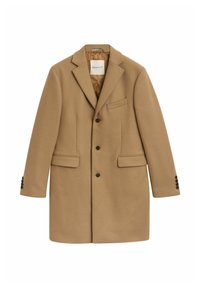 Brauner Wollmantel mit Reverskragen, zwei Vordertaschen, einer Brusttasche und sechs Knopfakzenten an den Manschetten. Gefüttertes Innenfutter.