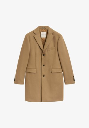 Brown wool coat featuring a notched lapel, two front pockets, single chest pocket, and six button accents on cuffs. Lined interior.