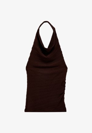 Ciemnobrązowy teksturowany top na szyję halter z marszczonym detalem po jednej stronie, bez rękawów i dopasowany.