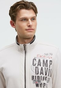 Hellgraue Zip-Jacke mit hohem Kragen, bedruckten Textdetails und kontrastierender gestreifter Innenkragen. Weicher Stoff und lockere Passform.