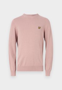 Roze gebreide trui met lange mouwen, ronde halslijn en geribde boorden. Bevat een klein zwart en geel geborduurd logo op de borst.