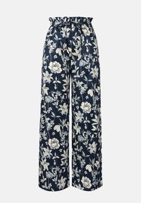 Marineblå blomsterbukser med høy elastisk midje og snor. Har hvite og kremfargede blomsterprint på et mykt og glatt stoff. Bredbent design.