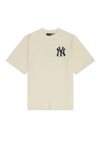 Beige short-sleeve t-shirt with a textured ribbed design. Features a black New York Yankees logo on the left chest area.