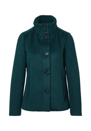 Veste en mélange de laine de couleur sarcelle avec un col haut à côtes, cinq boutons noirs, poches latérales et accents côtelés sur les côtés.
