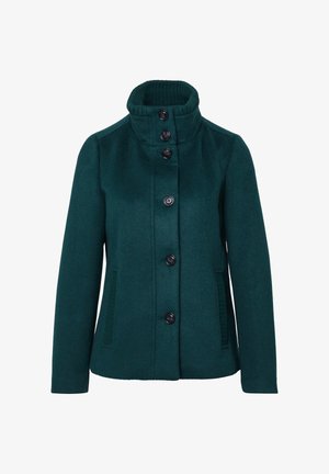 Terkisfarbener Wollmischjacke mit hohem geripptem Kragen, fünf schwarzen Knöpfen, Seitentaschen und gerippten Akzenten an den Seiten.