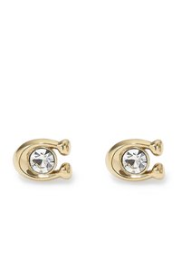 Pendientes en tono dorado que presentan un cristal claro y redondo, configurado en un diseño curvado con pequeños acentos que sobresalen a ambos lados.
