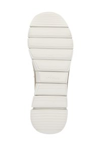 Suola della scarpa con design a strati, materiale in gomma bianca, pattern testurizzati per grip, e logo del marchio al centro. Forma piatta e ampia per stabilità.