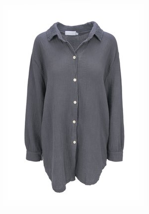 Gray button-up shirt made of textured fabric, featuring a collared neck, long sleeves, and front buttons with a loose fit.