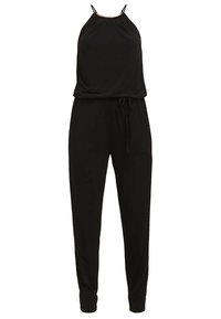 Mono negro con diseño de cuello halter, cinturilla elástica, perneras ajustadas y textura suave. Estilo simple y funcional.