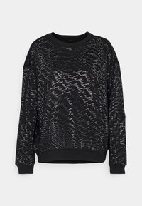 Sudadera negra con un patrón texturizado de escritura plateada, cuello redondo y puños y dobladillo acanalados. Tela suave, corte relajado.