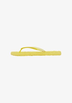 Yellow flip-flop with a braided rope sole and shiny yellow toe post. Flat design, lightweight material, suitable for casual wear.