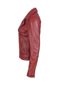 Giubbotto da biker in pelle rossa con collo a punta, vestibilità slim, tasche con zip e texture liscia, con orlo dritto.
