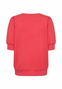 Blusa de punto coral con mangas cortas abullonadas, escote redondo y dobladillo acanalado. Elaborada con un tejido suave y de textura lisa.