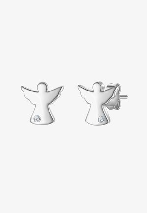 Pendientes de plata en forma de ángel con alas elevadas y un acento de gema clara y redonda en la base. Diseño minimalista con acabado pulido.