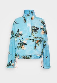 Light blue pullover jacket featuring a floral and bird pattern, with a high collar, front pocket, and adjustable drawstring at the hem.