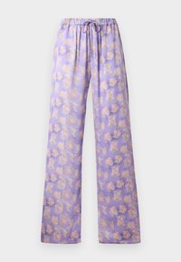 Jasnofioletowe kwieciste spodnie z elastycznym pasem i sznurkiem. Posiadają miękką tkaninę, szerokie nogawki oraz wzór w różowe i zielone kwiaty.