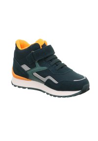 Dunkelgrüne und orange Sneaker für Kinder mit Klettverschluss, Schnürsenkeln, Innenfutter aus Mesh-Gewebe und weißer gepolsterter Sohle mit profiliertem Außensohle.