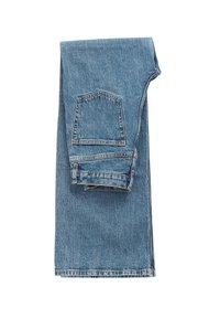 Mėlynos džinsinės kelnės, sulankstytos, su užpakaline kišenę, baltais siūlais ir šiek tiek išblukusia tekstūra. Tiesaus kirpimo dizainas.