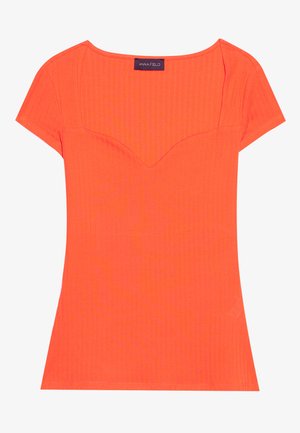 Geripptes, kurzärmliges Oberteil in leuchtendem Orange. Verfügt über einen runden Ausschnitt mit einem subtilen V-Detail und einer enganliegenden Silhouette. Weiche Stofftextur.