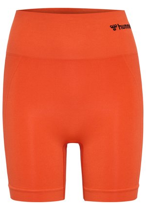 Oranje sportshorts met een hoge elastische tailleband, een gladde textuur en een zwart logo. Ze hebben een slim fit ontwerp en een knielange snit.