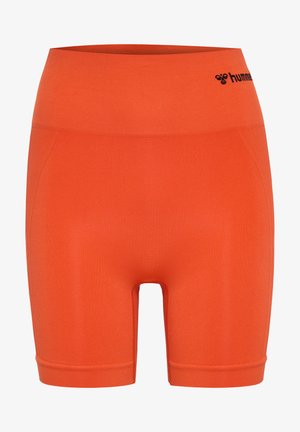 Orange sportsshorts med en høj elastisk talje, glat tekstur og et logo trykt i sort. Har et figursyet design og knælængde.