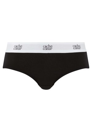 Zwarte katoenen slip met een witte tailleband waarop het "cache coeur" merkteken in zwarte letters is gedrukt. Sterke textuur, klassiek ontwerp.