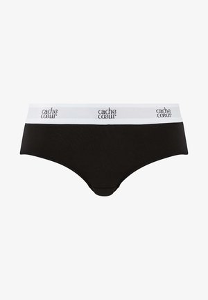 Zwarte katoenen slip met een witte tailleband waarop het "cache coeur" merkteken in zwarte letters is gedrukt. Sterke textuur, klassiek ontwerp.