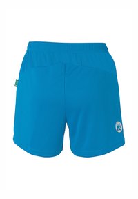 Blauwe sportshorts met een elastische tailleband, een gladde textuur en een logo aan de onderkant rechts. Bevat een groene label aan de zijkant.