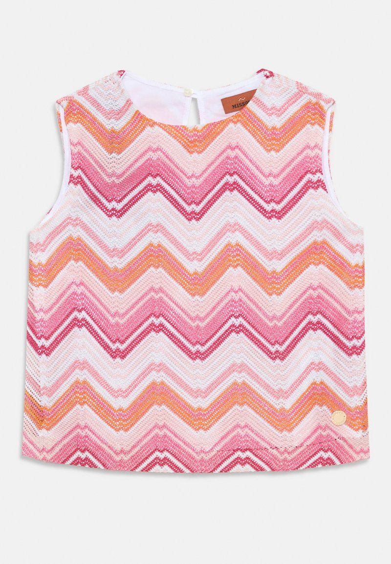 Μάυρο χωρίς μανίκια που διαθέτει σχέδιο ζιγκ-ζαγκ σε ροζ, πορτοκαλί και λευκές αποχρώσεις. Κατασκευασμένο από υφασμάτινη υφή με κουμπί στο πίσω μέρος.