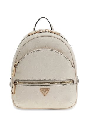 Petit sac à dos en cuir beige avec motif embossé, poche zippée à l'avant, fermetures éclair couleur or et plaque logo triangulaire Guess.