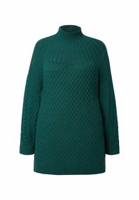 Maglione in teal lavorato a maglia con colletto alto a coste, caratterizzato da motivi testurizzati e dettagli a trecce sulle maniche e sulla parte inferiore.
