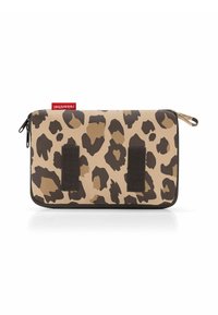 Leopard print pouch with a tan and brown design, textured fabric, black accents, and Velcro straps. Zipper closure on top.
