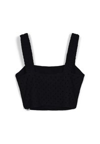 Top corto nero con spalline larghe arricciate e un motivo di tessuto testurizzato, esposto su uno sfondo bianco.