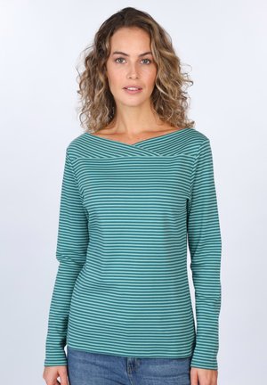 Teal long-sleeve top with horizontal white stripes, featuring a crossover neckline and fitted silhouette, made from soft, stretchy fabric.