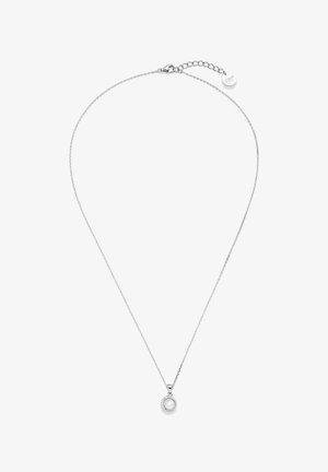 Zilveren ketting met een fijne schakeling, met een ronde hanger met een centrale parel en decoratieve accenten rondom de rand.