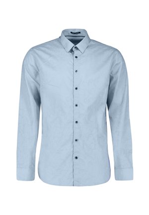 Lichtblauw overhemd met lange mouwen, knoopsluiting, subtiel bloemmotief en een klassieke kraag, getoond tegen een effen witte achtergrond.