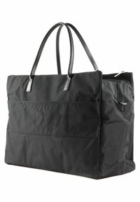 Borsa tote nera realizzata in tessuto resistente, dotata di due manici in pelle, tasca con cerniera e pannello frontale con dettagli cucITI per un tocco di texture in più.