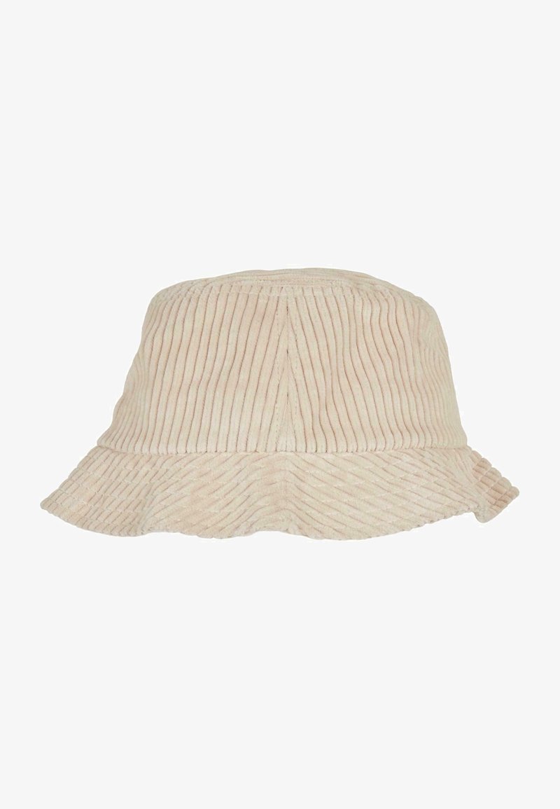 Cappello a secchiello in corduroy rosa chiaro con un design a coste testurizzato, una larga visiera e un bordo ondulato discreto.