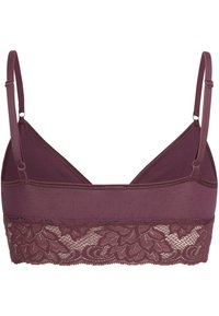 Mauve Bralette mit Spitzenrand, ausgestattet mit verstellbaren Trägern und einem weichen Stoffkörper. Die Spitze hat ein florales Muster entlang der unteren Kante.