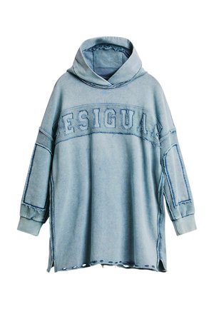 Hoodie en jean bleu clair avec un grand logo "ESIGUAL" sur le devant, les panneaux latéraux et les ourlets effilochés. Doté d'une coupe décontractée et d'une capuche.
