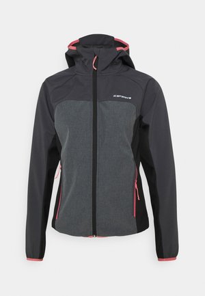 Damen-Softshelljacke in Dunkelgrau mit schwarzen Ärmeln, Reißverschluss vorne und an den Taschen, pinkfarbene Reißverschlusszieher und verstellbarer Kapuze.