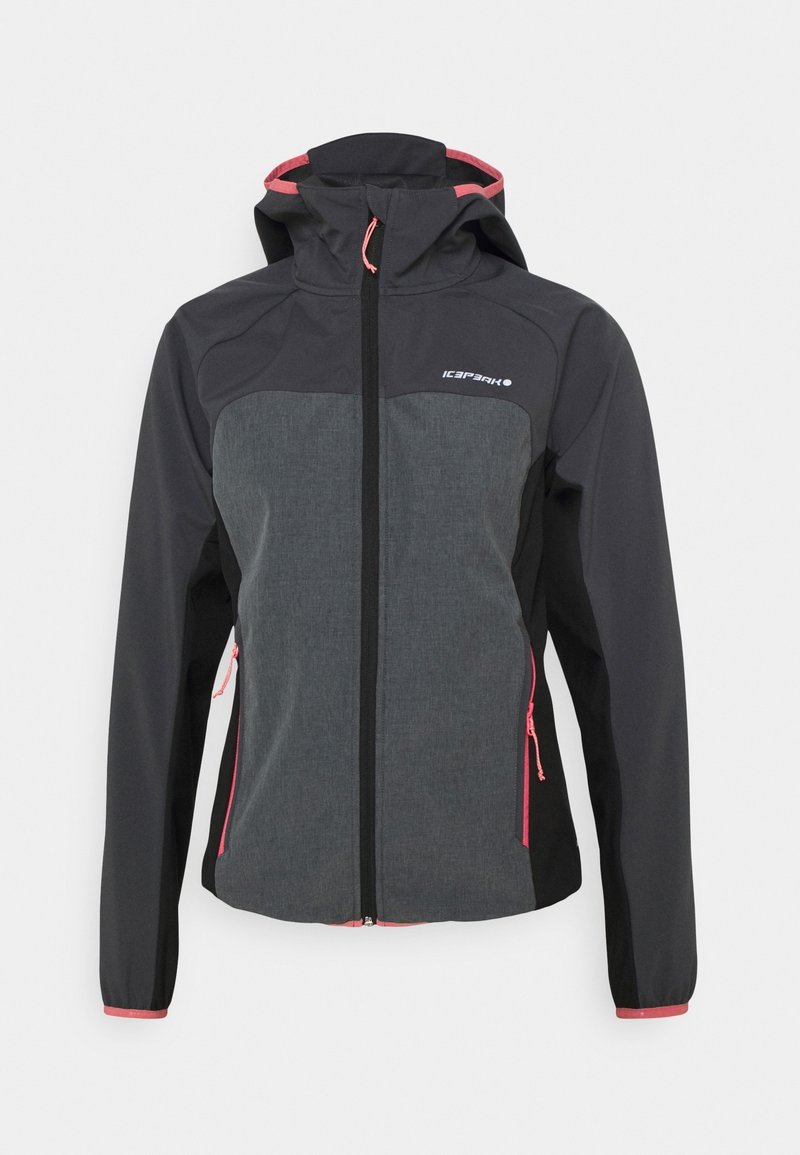 Veste softshell pour femme de couleur gris foncé avec manches noires, zip avant et poches, tirettes de zip roses, et capuche ajustable.