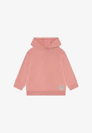 Rosa langärmliger Hoodie für Kinder mit einem vorderen Aufnäher mit der Aufschrift "Happy Bamboo All Week" auf weißem Hintergrund.