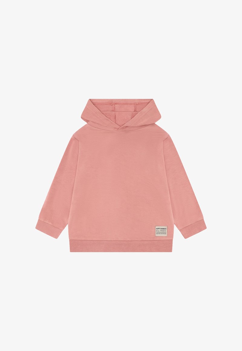 Sweat à capuche rose à manches longues pour enfants avec une étiquette rectangulaire à l'avant portant l'inscription "Happy Bamboo All Week" sur un fond blanc.